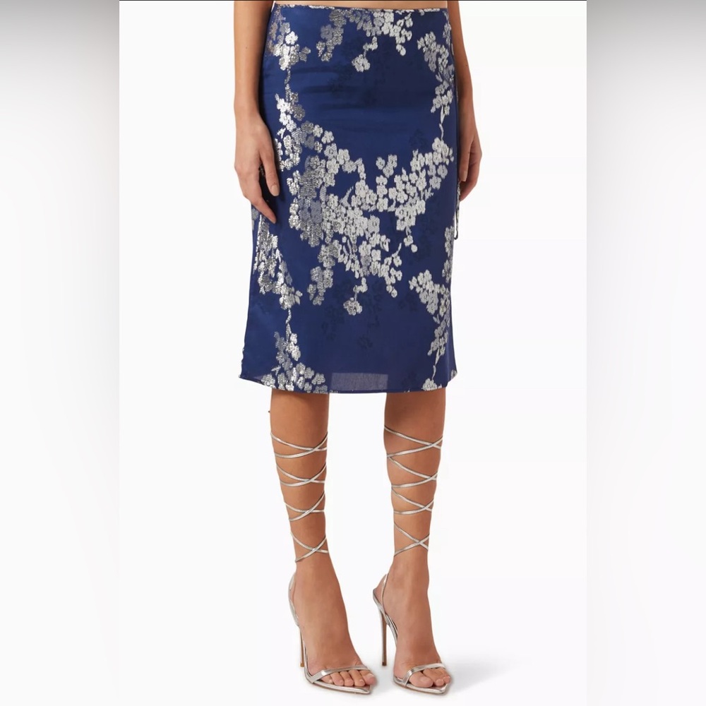 Siedres Blue Helen Wrap Midi Skirt Floral Jacquard Large